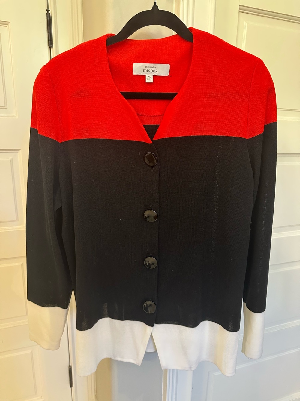 Misook Knit Jacket Cardigan Size XL Black Orange White Colorblock Travel Office